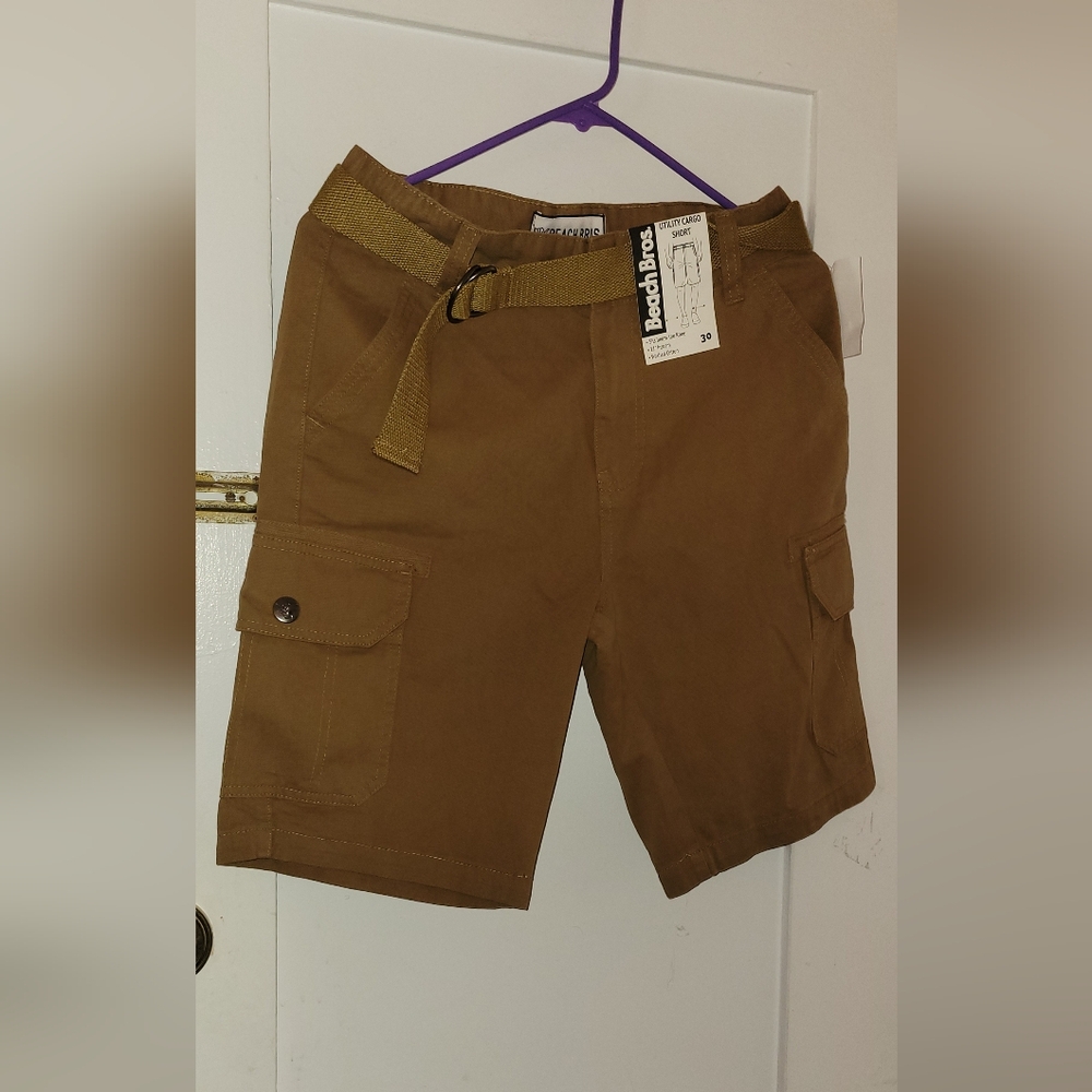 Beach Bros Shorts Mens Size 30 Khaki Utility Cargo Canvas Belt